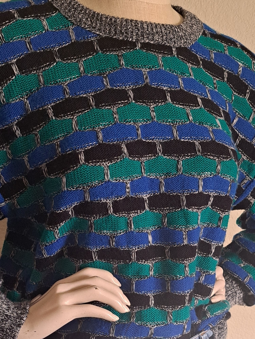 Vintage Jordache Abstract Knit Sweater XL Blue Green Oversized